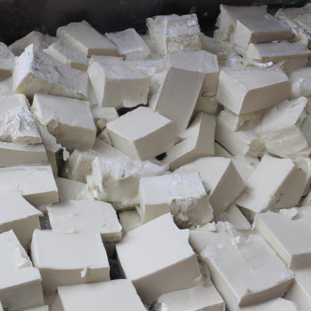 Closeup of fresh paneer blocks on a steel tray from Ramanagara dairy co-op