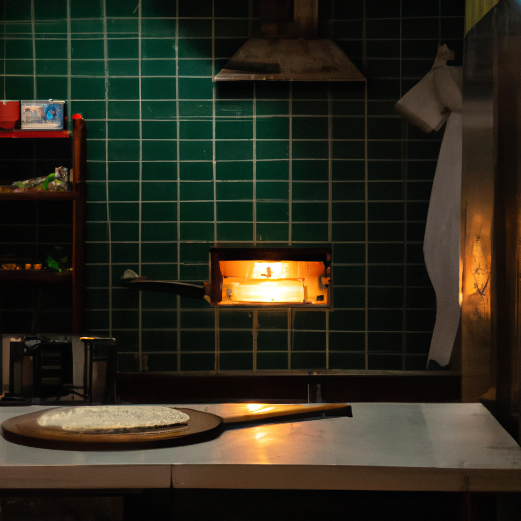 AI-generated image of a minimalist pizzeria kitchen in Bengaluru with wood-fired oven, fresh dough, and local produce on steel counters